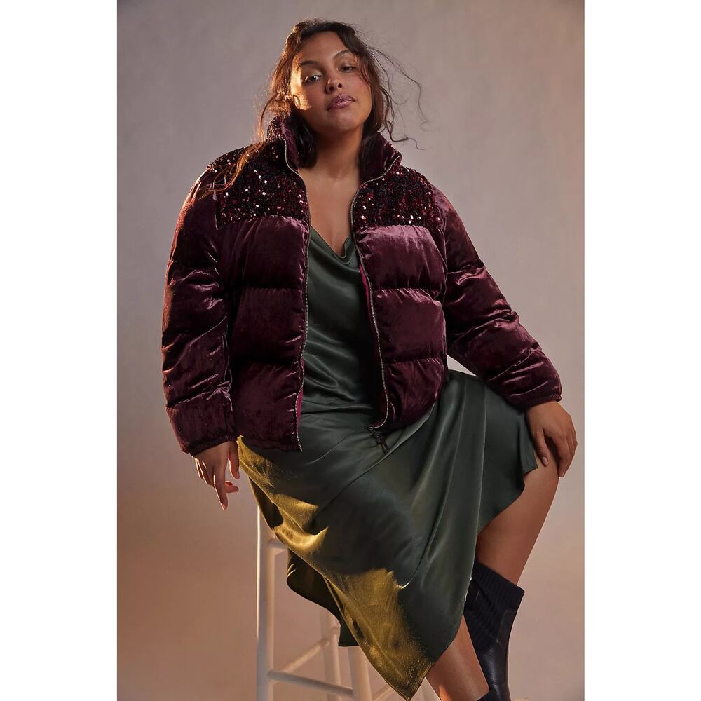 Anthropologie Maeve Coat Vera Sequined Velvet Wine Red Zip Up Puffer Size 2X